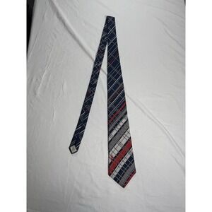 Bronzini Plaid Necktie Mens OS Navy Blue Red Grey Griffin Logo Vintage Formal